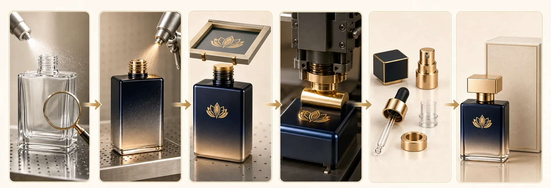 Six-step perfume bottle manufacturing process from empty glass bottle preparation to final packaging